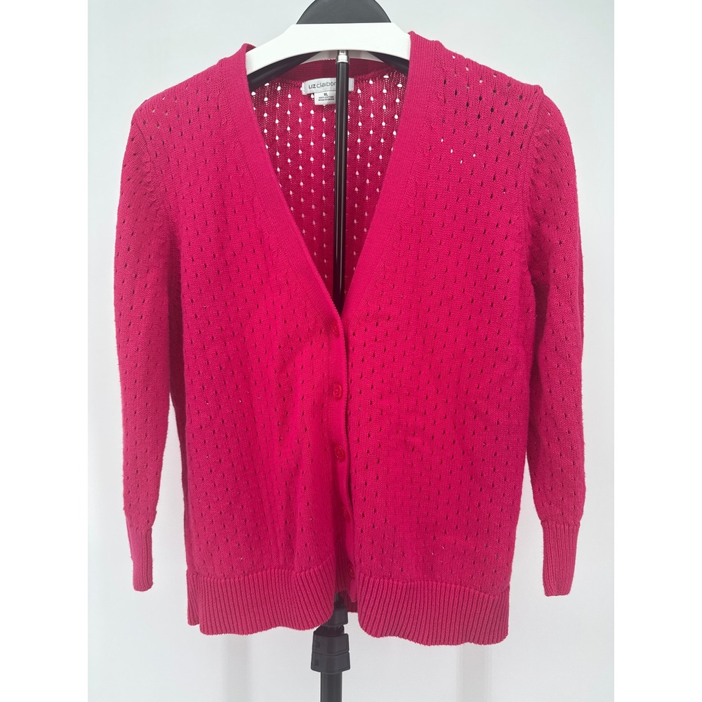 Liz Claiborne Magenta Pink Pointelle Cotton V-Neck Cardigan Sweater XL